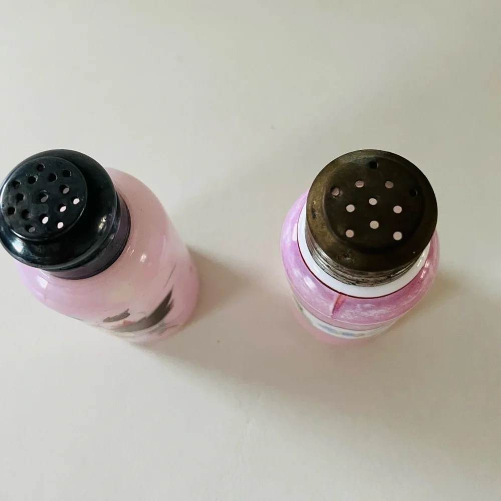 Vintage Hand Patient Milk Glass Pink Floral Glass Salt and Pepper Shakers Set